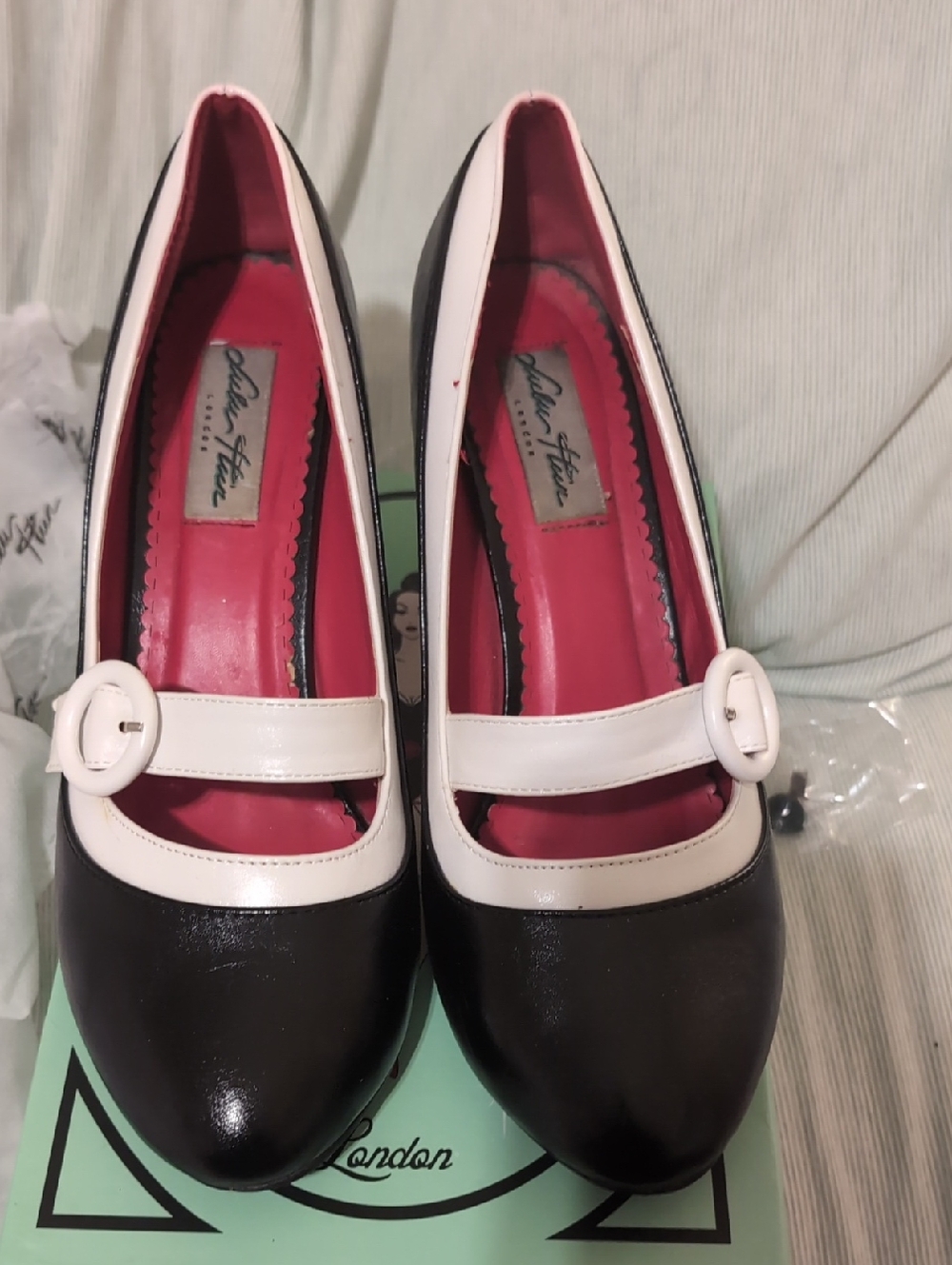 Lulu Hun Black and White Mary Jane Heels with Red Insole